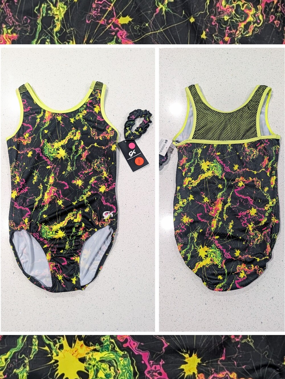 BRAND NEW GK Elite gymnastics Leotard AL Large PAINT SPLATTER Mesh + Scrunchie